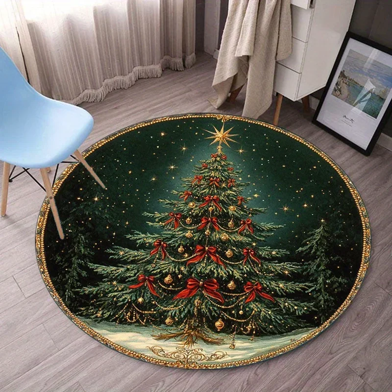 ~O~Round Plush Rug with Christmas Tree & Snow Design – Holiday Decor for Living Room Bedroom