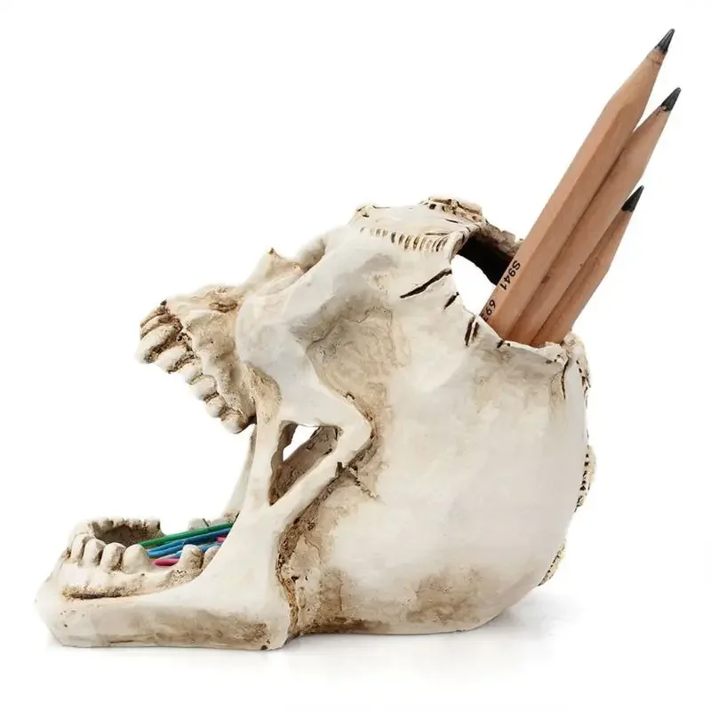 Pen Holder Simulation Skull Statue Decorative  Desktop Pencil Organizer Resin Scary Stationery Organizer Makeup Storage