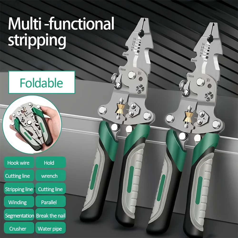 Foldable wire stripper, pulley design multi-function electrician wire splitter wire winding pliers crimping pliers hand tool