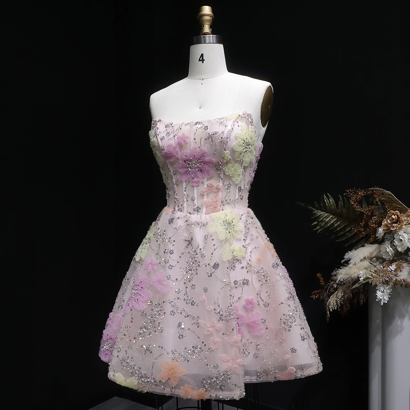 Sharon Said Rosa trägerloses 3D-Blumenperlen-Korsett-Homecoming-Kleid Dubai Sexy Mini-Cocktail-Abschlussball-Partykleid RM135 Maßanfertigung – Detail 6