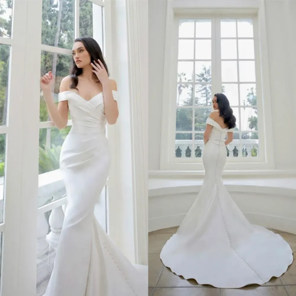 

Sexy Mermaid Wedding Dress Simple Satin Bridal Gowns Off Shoulder Sweetheart Neck Buttons Back Vestidos De Novia Robe De Mariee