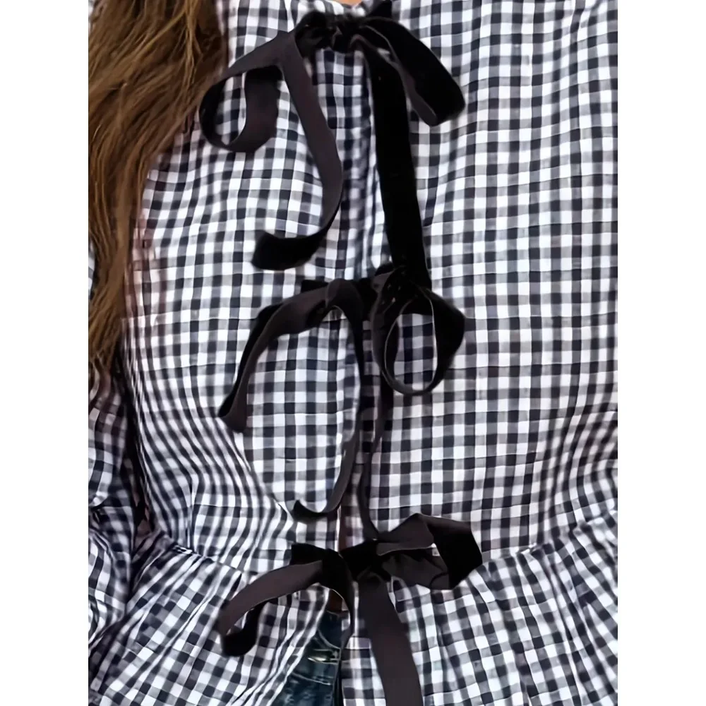 

Черно-белая клетчатая рубашка больших размеров 2025: блузка с длинным рукавом и бантом из элегантной и дышащей ткани для офиса, повседневный шикарный стиль