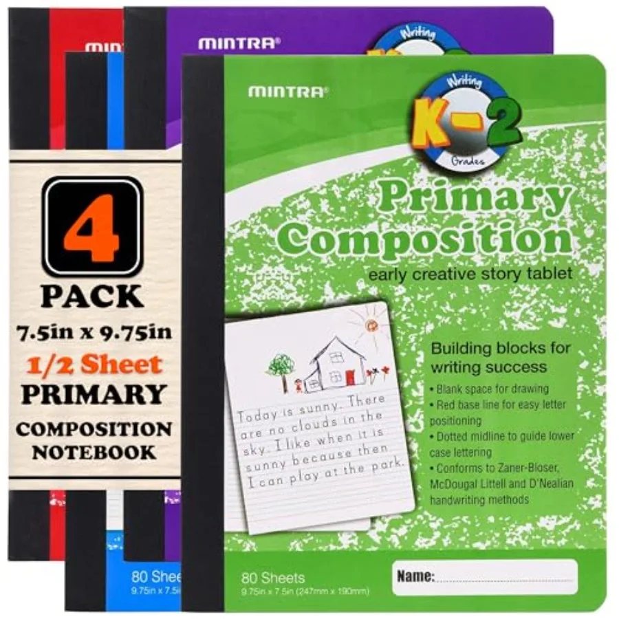 

Mintra Primary Composition Notebook,,Assorted Colors 80 Sheets, 7.5in x 9.75in, 1/2 Sheet, Ruled with Drawing Area, Flexible Ha
