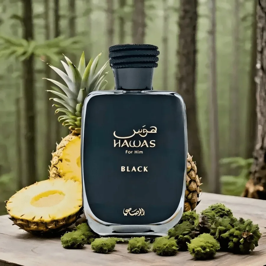 Rasasi Hawas Black EDP-spray voor mannen en vrouwen 3,4 oz, gedurfde en elegante langdurige geur met ananas en amber, voor dag en nacht.