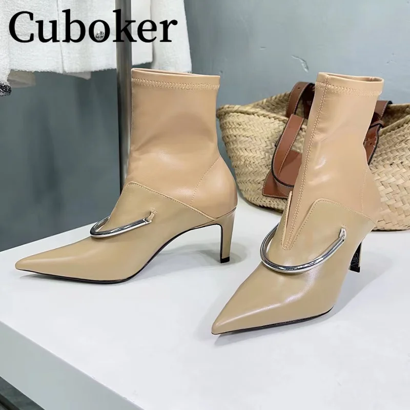 

2023 Autumn Pointed Toe Women Chelsea Boots Patent Leather Metal Chain Ankle Boots Female Modern Boots Brand Sock Boot Women