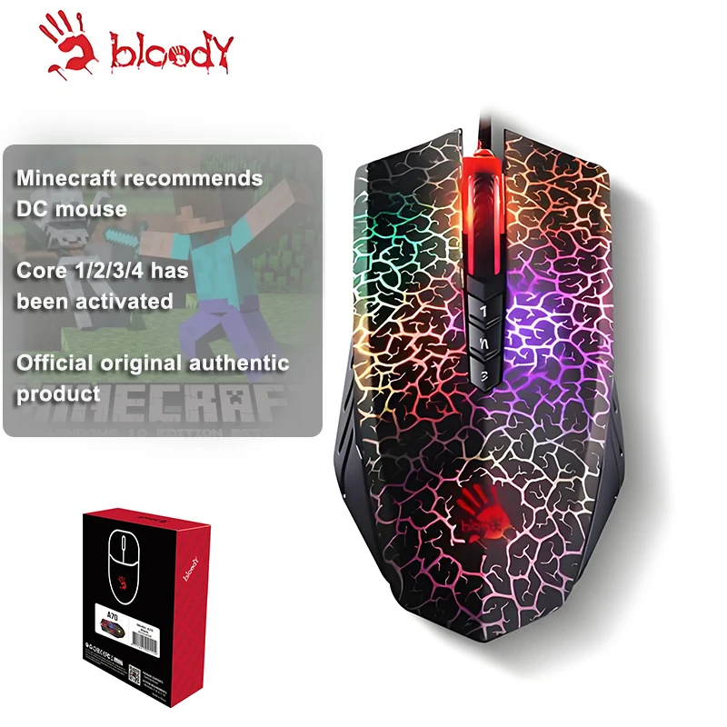 ماوس ألعاب A70 Bloody Light Strike Black، 100-6200 CPI قابل للتعديل، 6 أوضاع قنص، حذاء درع معدني متين X Glide