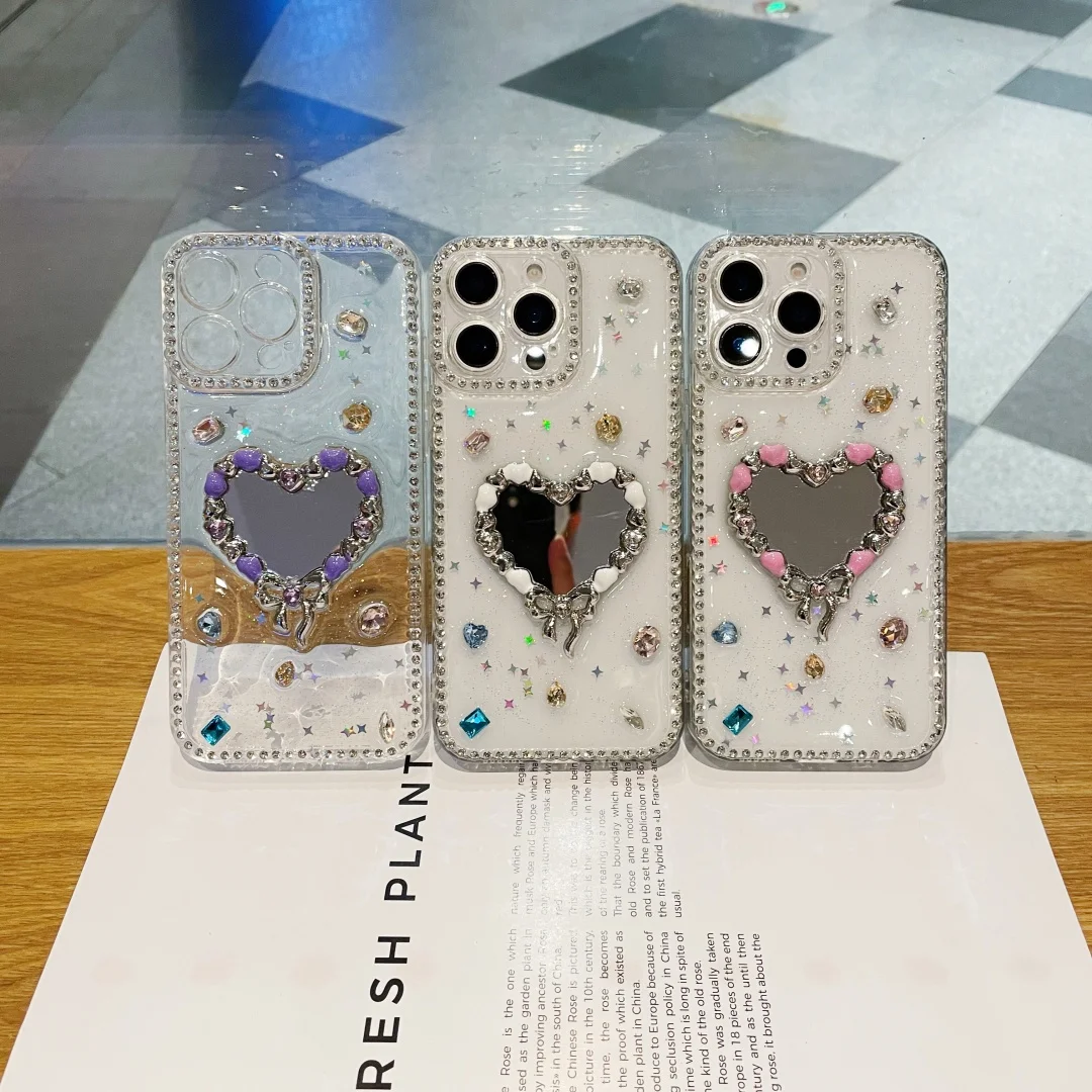 

3D Love Butterfly Flower Diamond Mirror Phone Case for Iphone 16 15 14 13 12 Pro Max Plus Ins Girl Glitter Epoxy Clear Case