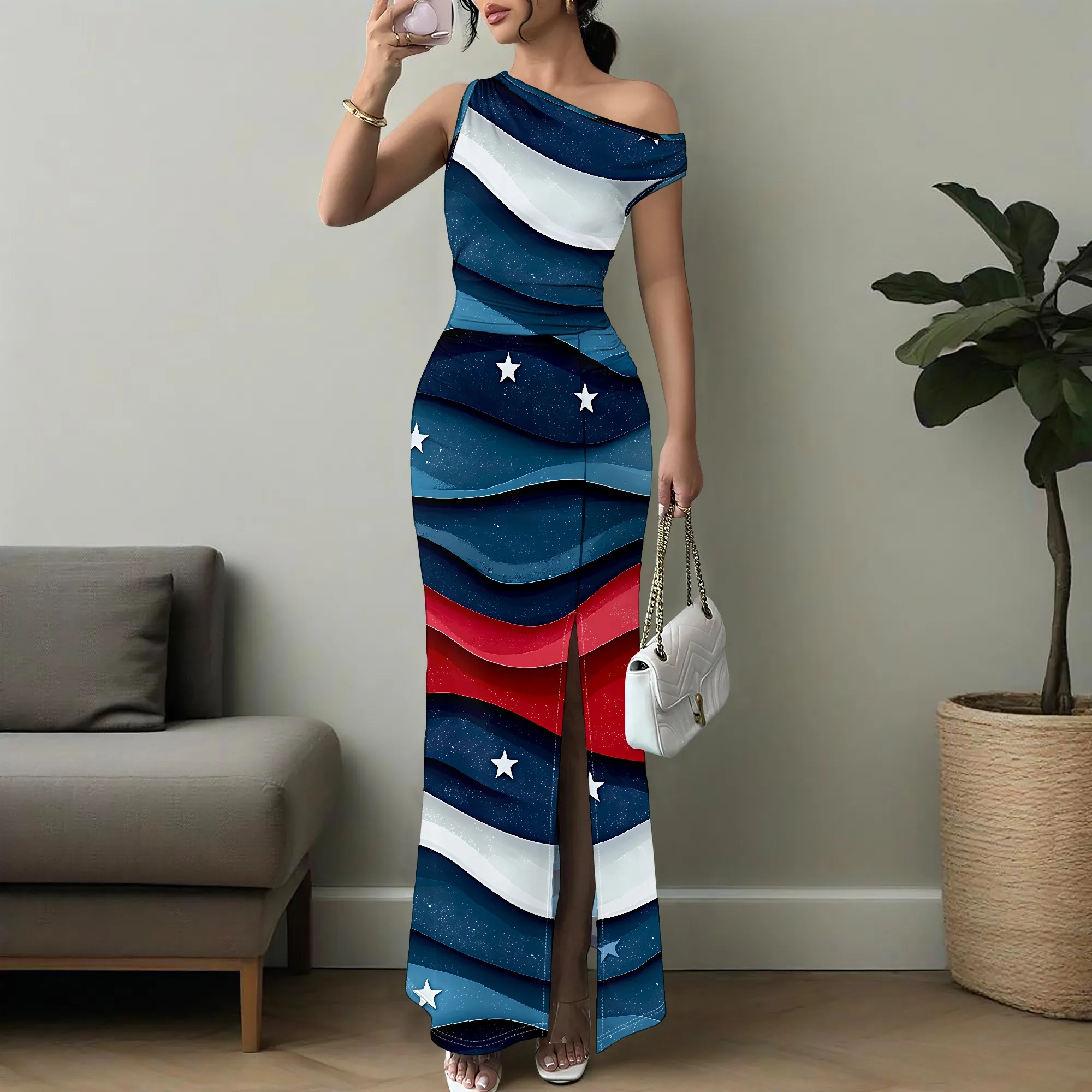 

Women's Elegant One Shoulder Maxi Dress Bodycon Side Slit Patriotic Star Print 4th of July Party Dresses XS-3XL