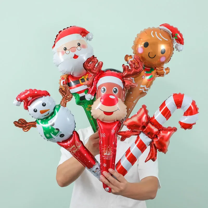 10pcs Christmas Inflatable Stick Cane Candy Elk Head Gingerbread Man Snowman Handheld Balloon Birthday Party Banquet Supplies