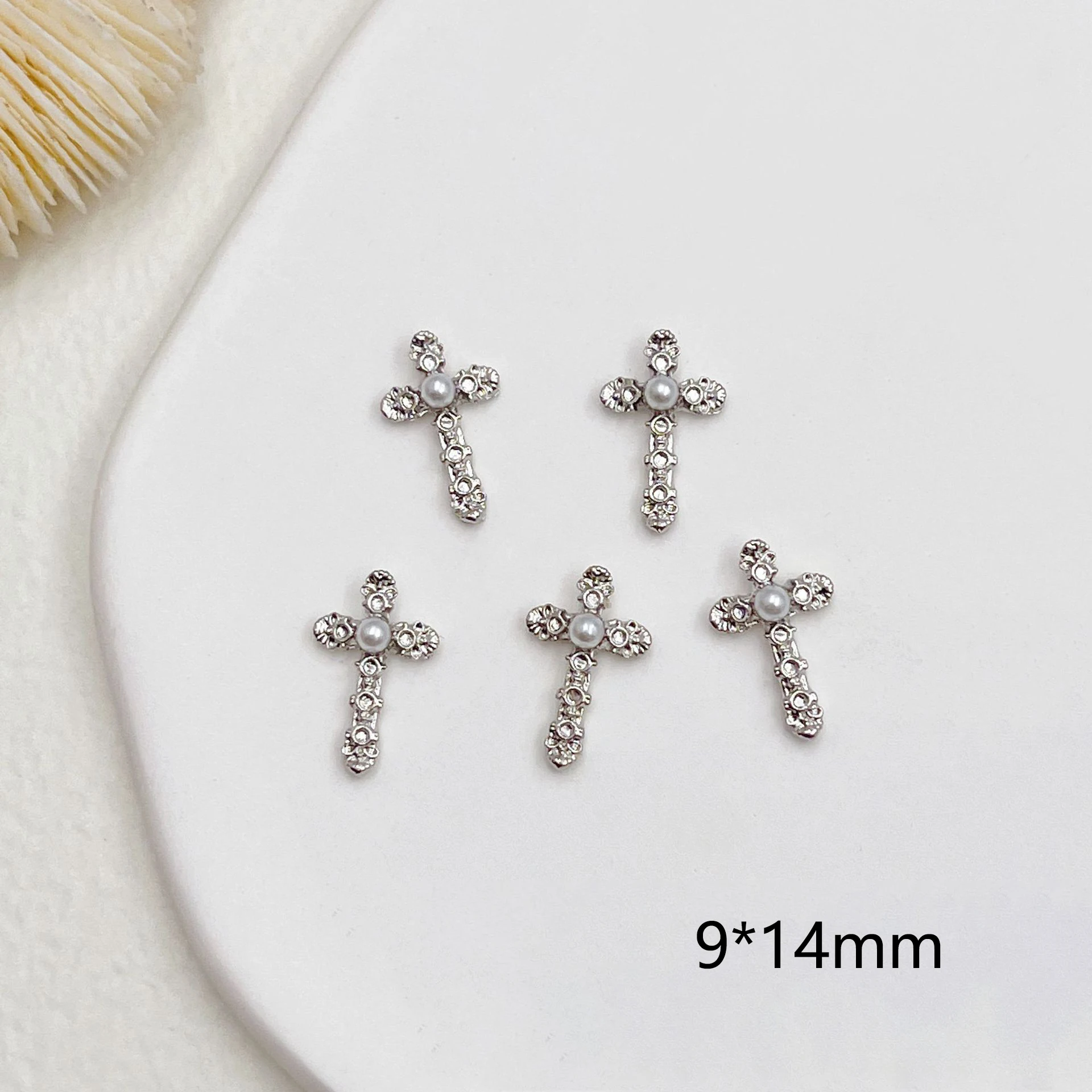 10Pcs Luxury Dark Pearl Cross Nail Decorations Metal Nail Art Charms 3D Alloy Rhinestones Retro DIY Manicure Accessories 9*14mm