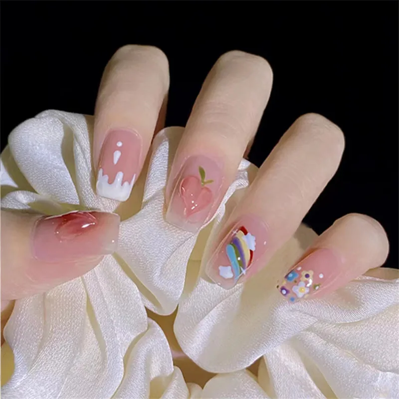 

Summer Rainbow Honey Peach Women Nail Enhancement Finished Detachable Student Wearing Nail Fake Nail Phototherapy Nail Patch