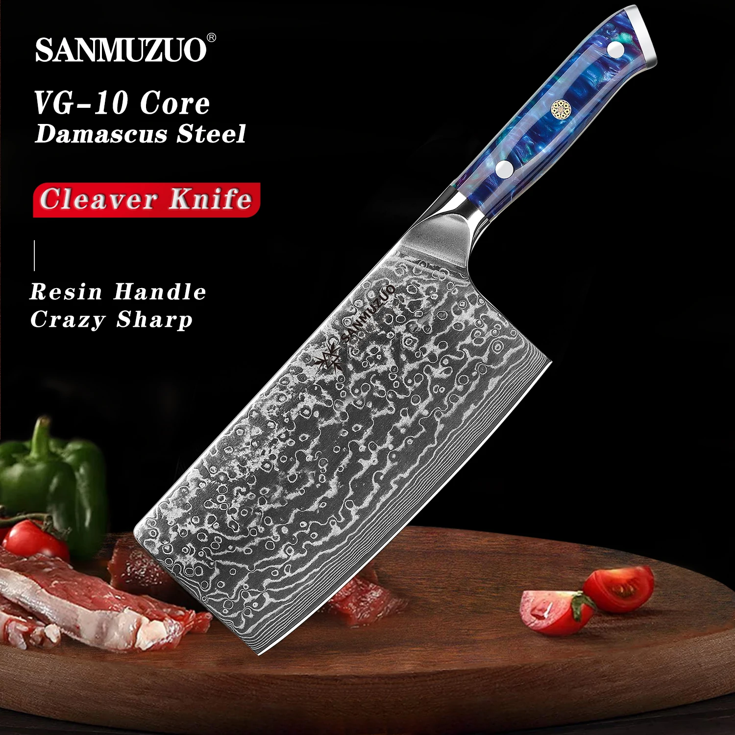 SANMUZUO Cuchillo de Chef Chino - Cuchillo de Cuchilla de 7" - Serie Xuan - Cuchillo de Cocina de Acero Damasco VG10 - Mango de Resina (Azul)