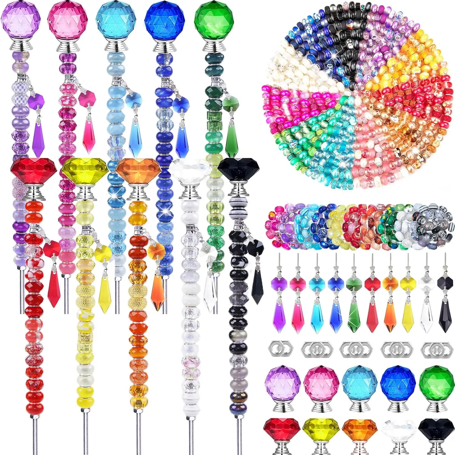 

300 Pcs DIY Fairy Wand Beaded Garden Stakes Kit, Fairy Wands Garden Kit Colorful Large Hole Bead with Pendants Crystal Stopper T