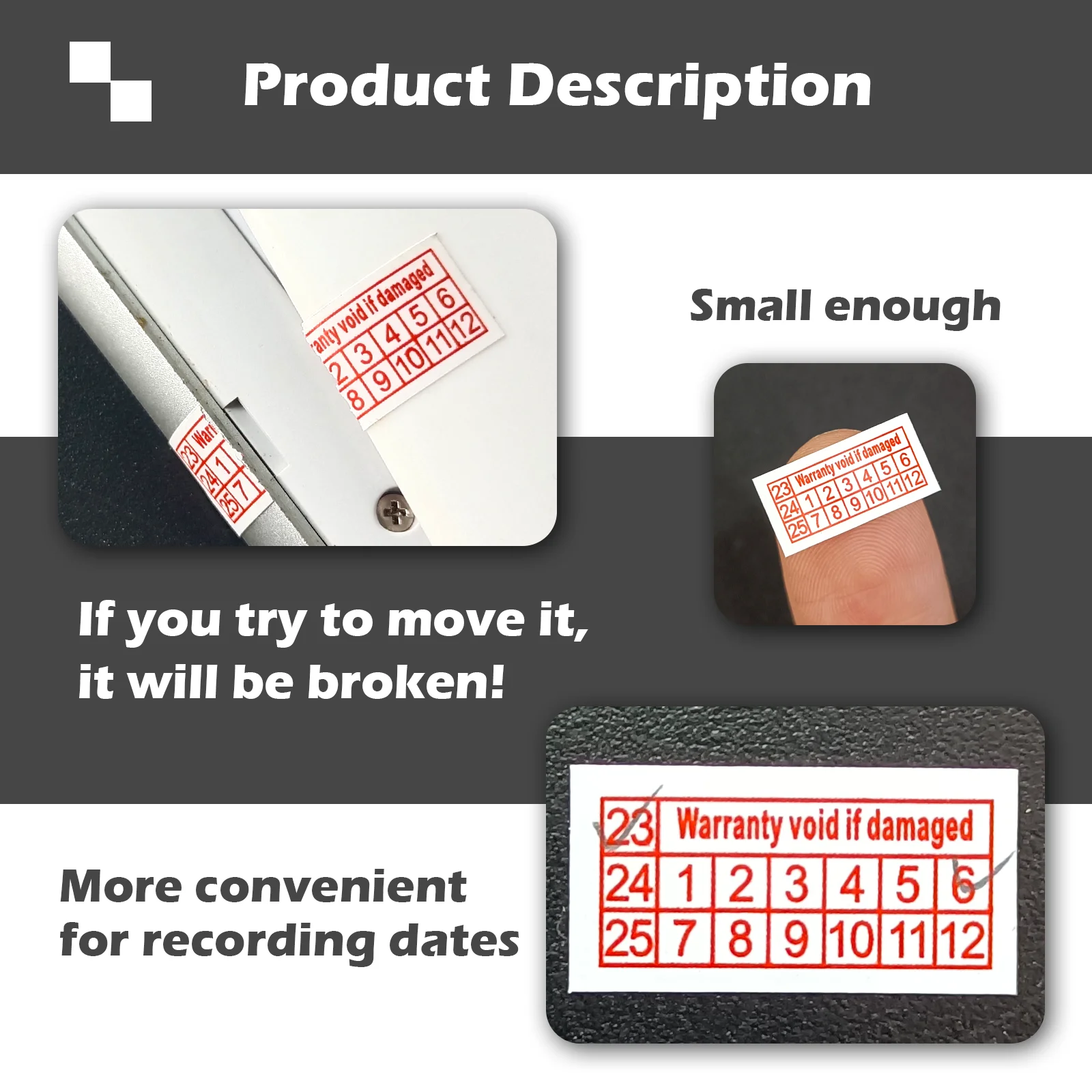 Rectangle Shape Fragile Label Stickers, Warranty Void Year Sticker, Security Seal, Red Color, 16x8mm, 250 Pcs, 500Pcs