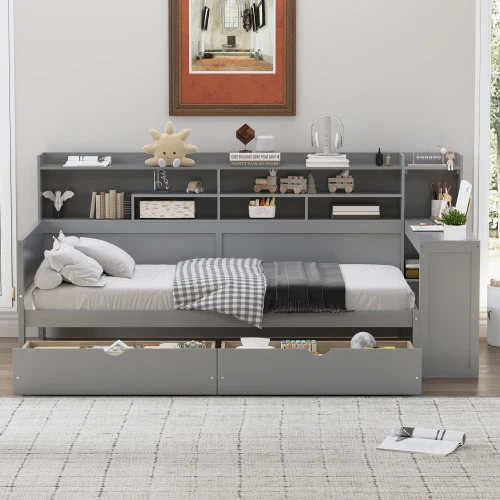 Modern Wooden Twin Size Daybed with Storage Shelve Multi-functional Bed with Two Storage Drawers and Study Desk for Bedroompromo