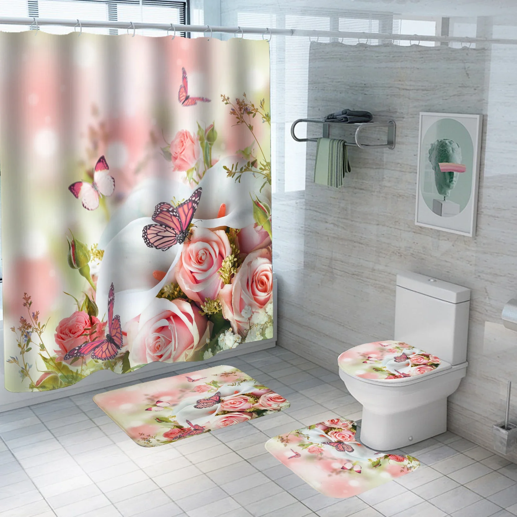 Pink Blue Rose Butterfly Shower Curtain Set Bathroom  Bathing Screen Anti-slip Toilet Lid Cover Carpet Rugs Home Decor