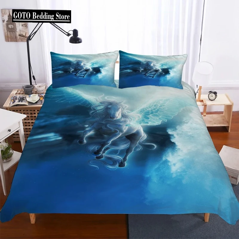 

Reactive Printing Blue Sky Unicorn Duvet Cover Set Home Textile Unicorn Bedding Set Cartoon 135x200 Housse De Couette Cute BB580