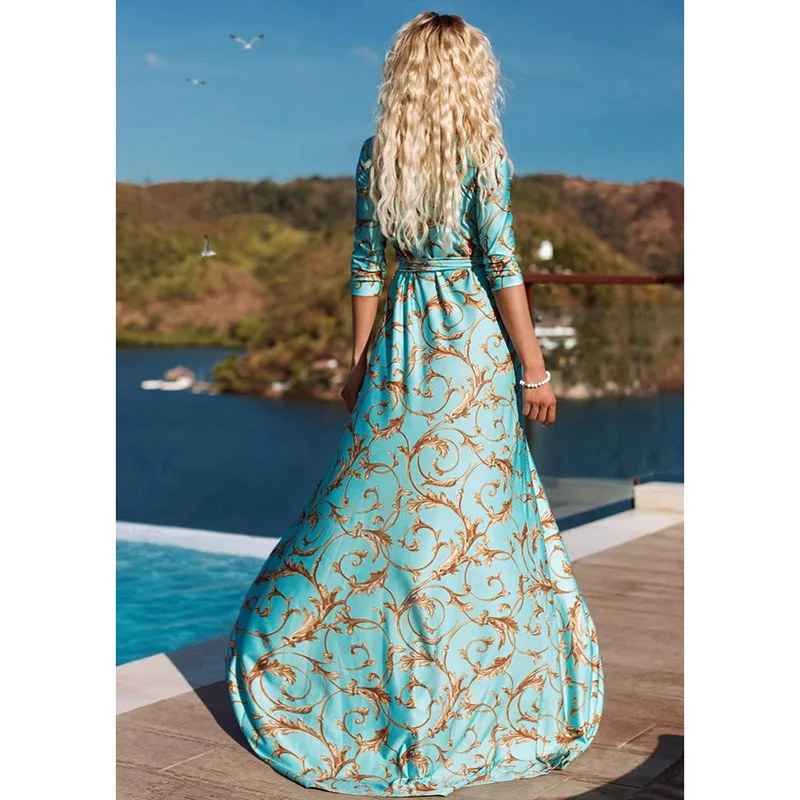 Vestido de cintura alta estampado simplificado, manga comprida, viajante casual, decote em v versátil, cordão novo na moda, primavera e verão, 2024