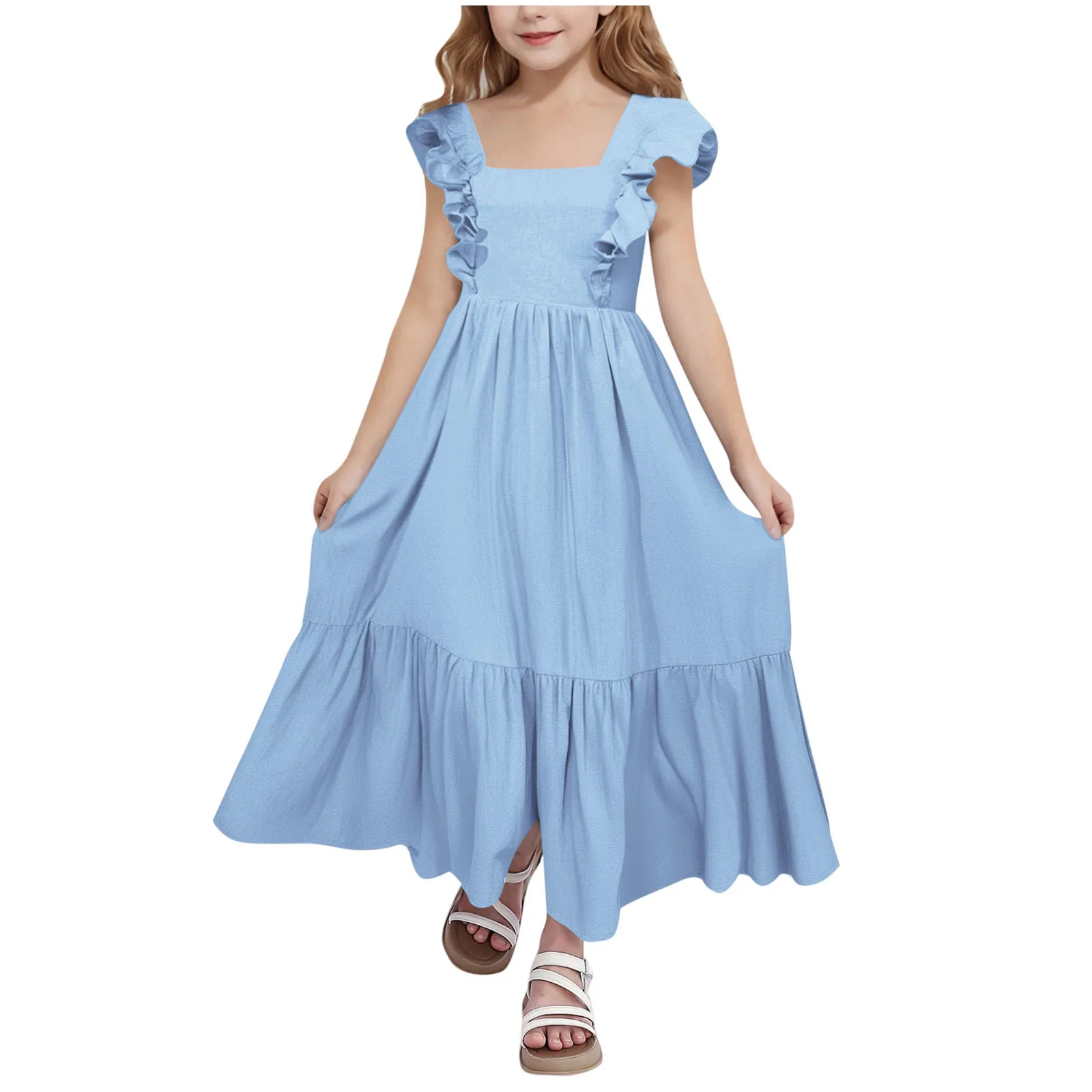 Children's clothing new summer temperament sweet square collar small flying sleeves backless high-end dress women's waist