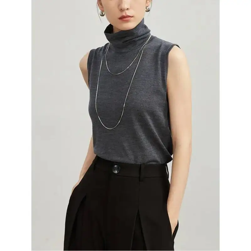 

Turtleneck 100% Wool Sleeveless Sweater Vest Women Autumn Vintage Red Basic Knitted Vest For Minimalist