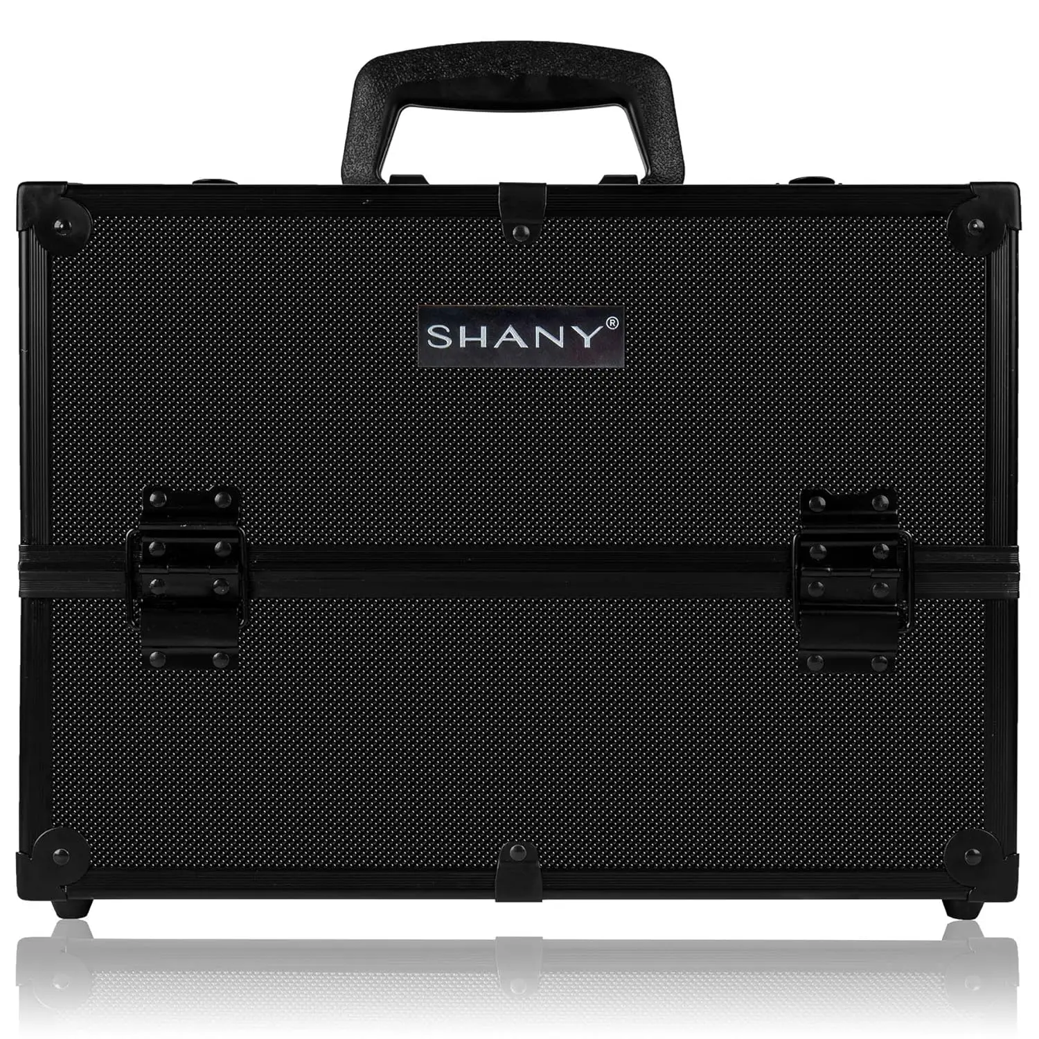 حقيبة مكياج احترافية محمولة مع أقفال ومقصورات متعددة وحزام كتف - باللون الأسود بالكامل