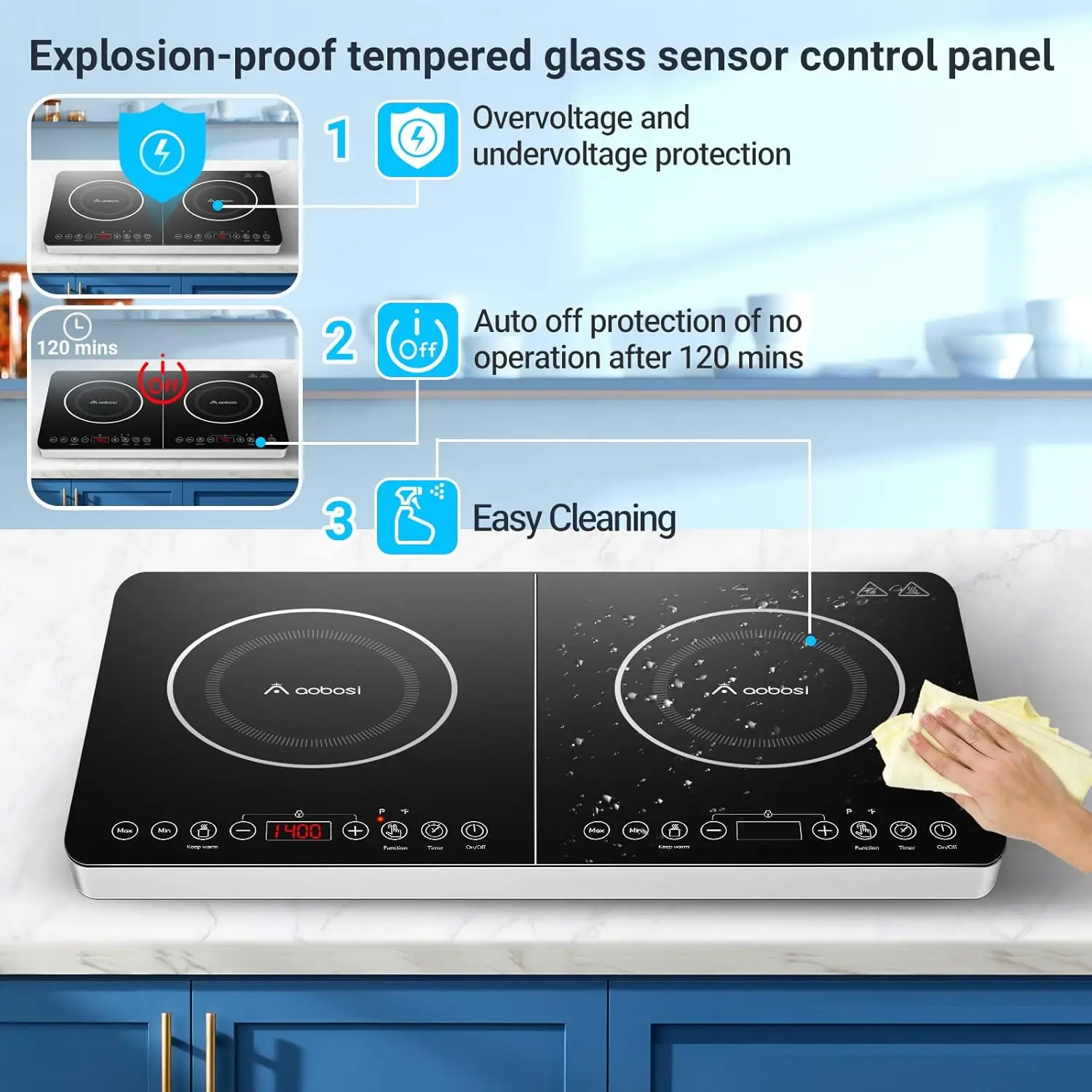 Aobosi-Table de cuisson à double induction, cuisinière à induction portable avec 2 brûleurs, contrôle indépendant, corps ultra fin, 10 températures