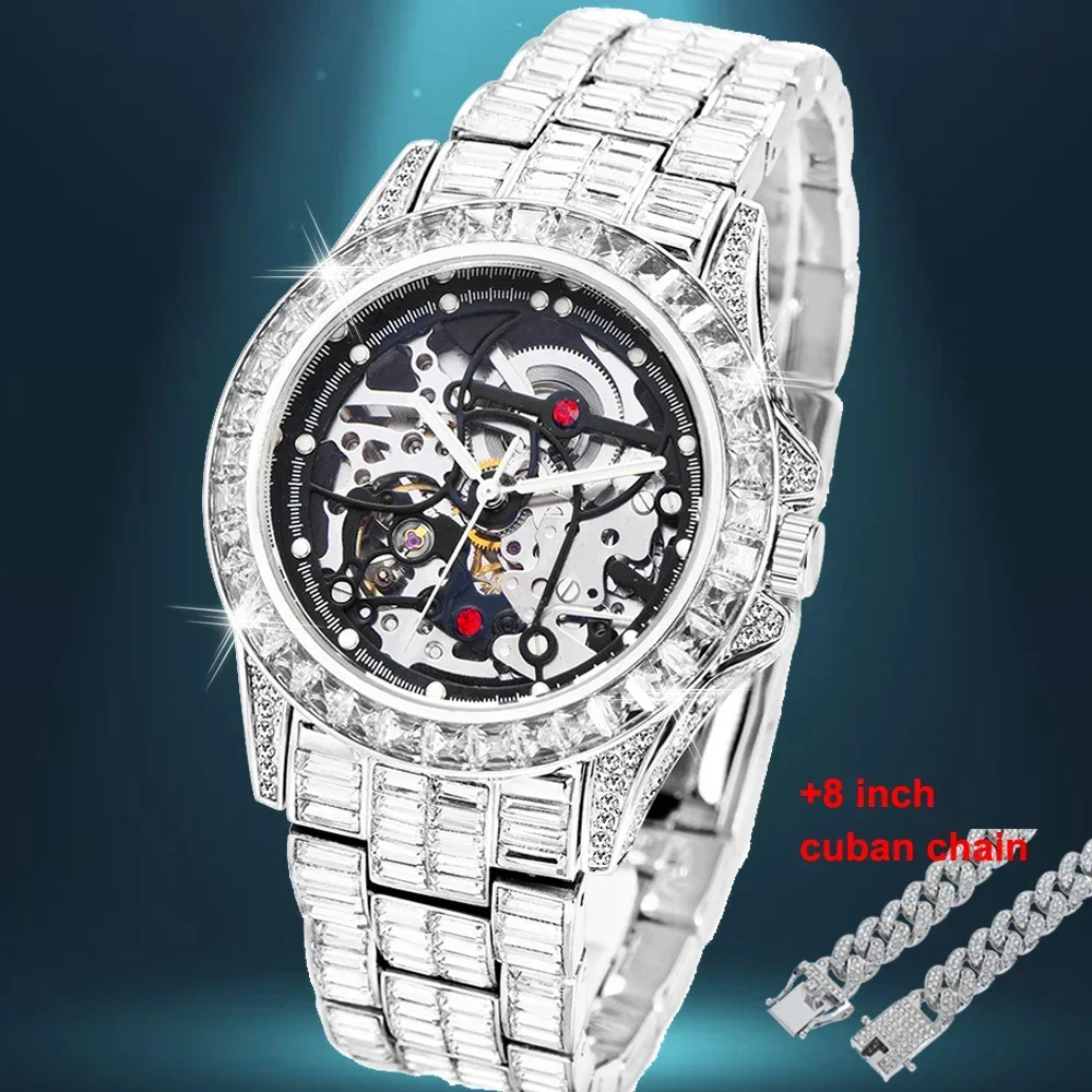 

Iced Out Watch Set 8inches Cuban Chain AAA Diamond Mechanical Mens Watches Skeleton Tourbillon Automatic Watch Men Reloj Hombre