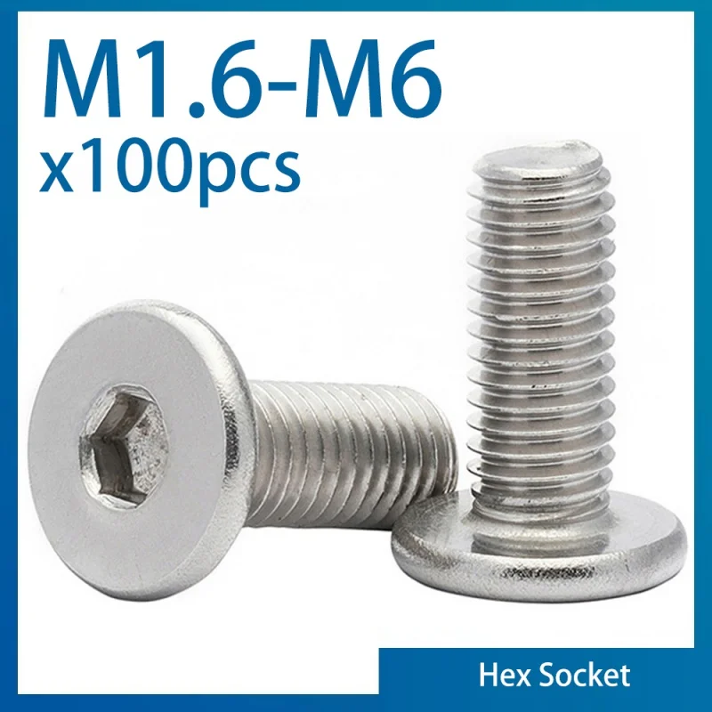 100pcs/lot Ultra Thin Super Flat Wafer Head Screw Bolt M1.6 M2 M2.5 M3 M4 M5 M6 M8 304 Stainless Steel Hex Hexagon CM Socket