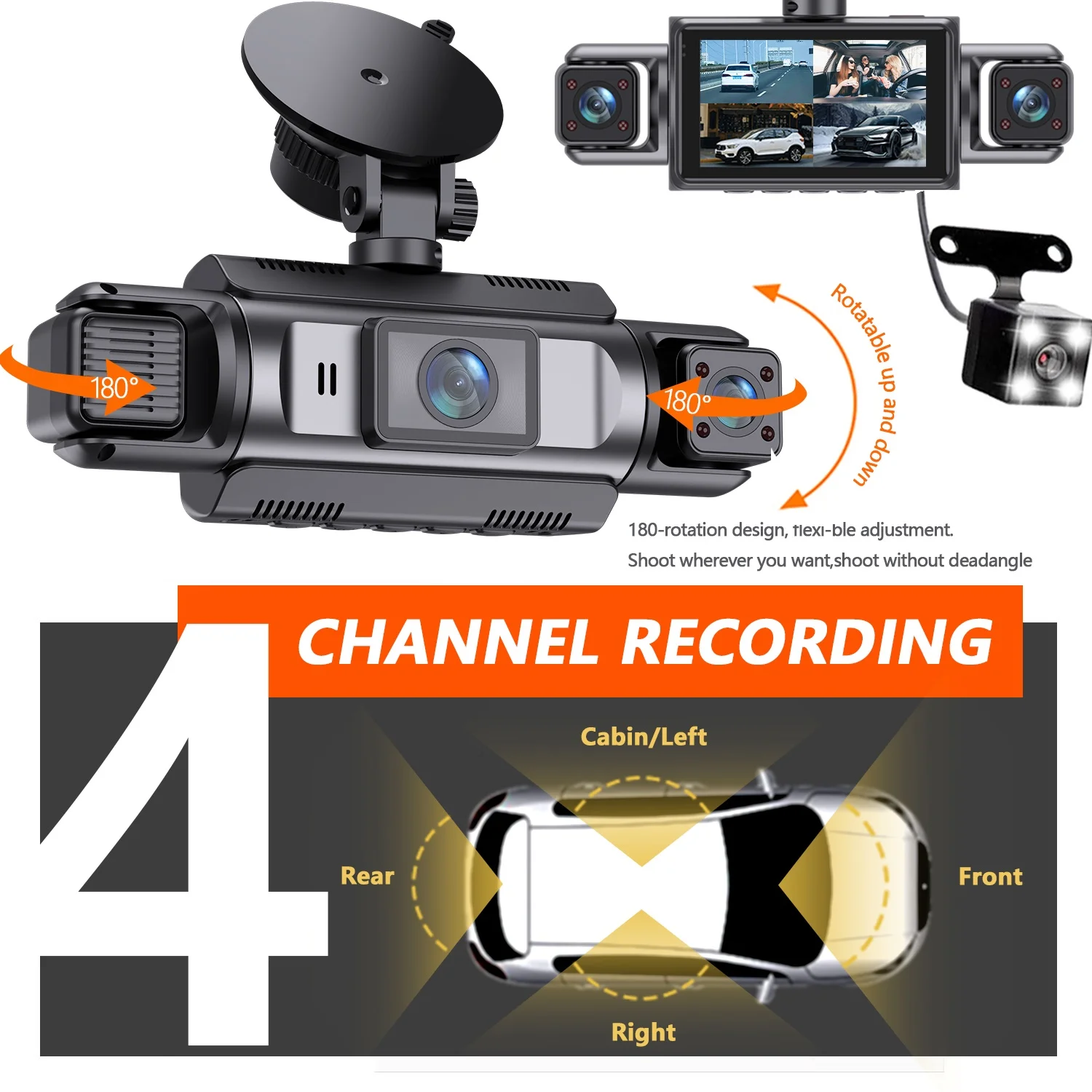 

4-канальная видеорегистратор HD 1080P с четырьмя объективами (передняя/задняя/левая/правая), Wi-Fi, монитор парковки 24/7, ночное видение — поддержка 128G