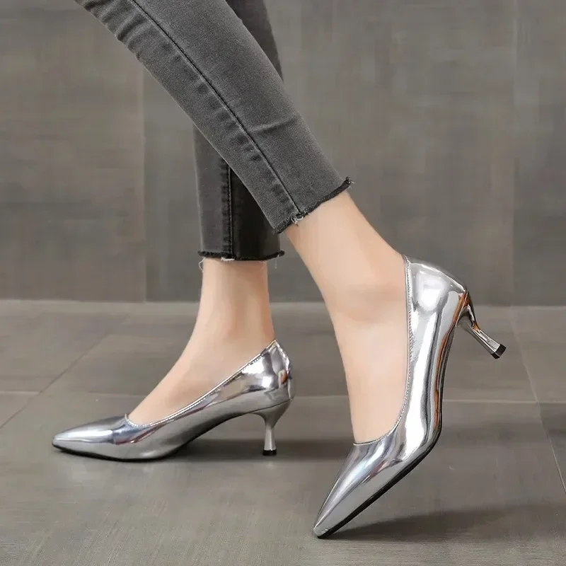 2024 Fashion Women Patent Leather High Heels Lady Pointe Toe Gold Silver Heels Pumps Female Wedding Bridal Shoes Plus Size 35-45