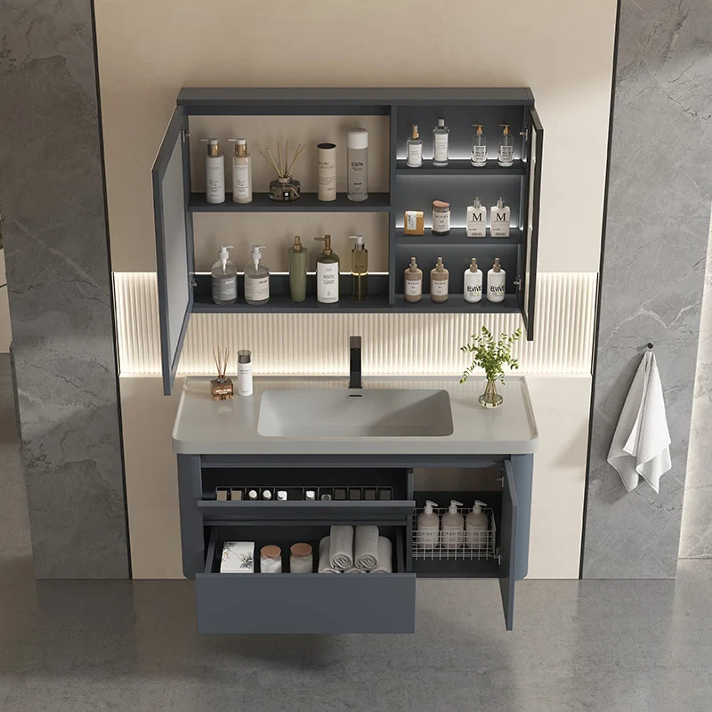 minimalist balcony lacquered door panel washbasin bathroom sink cabinet combination with rounded thickened bathroom cabinet