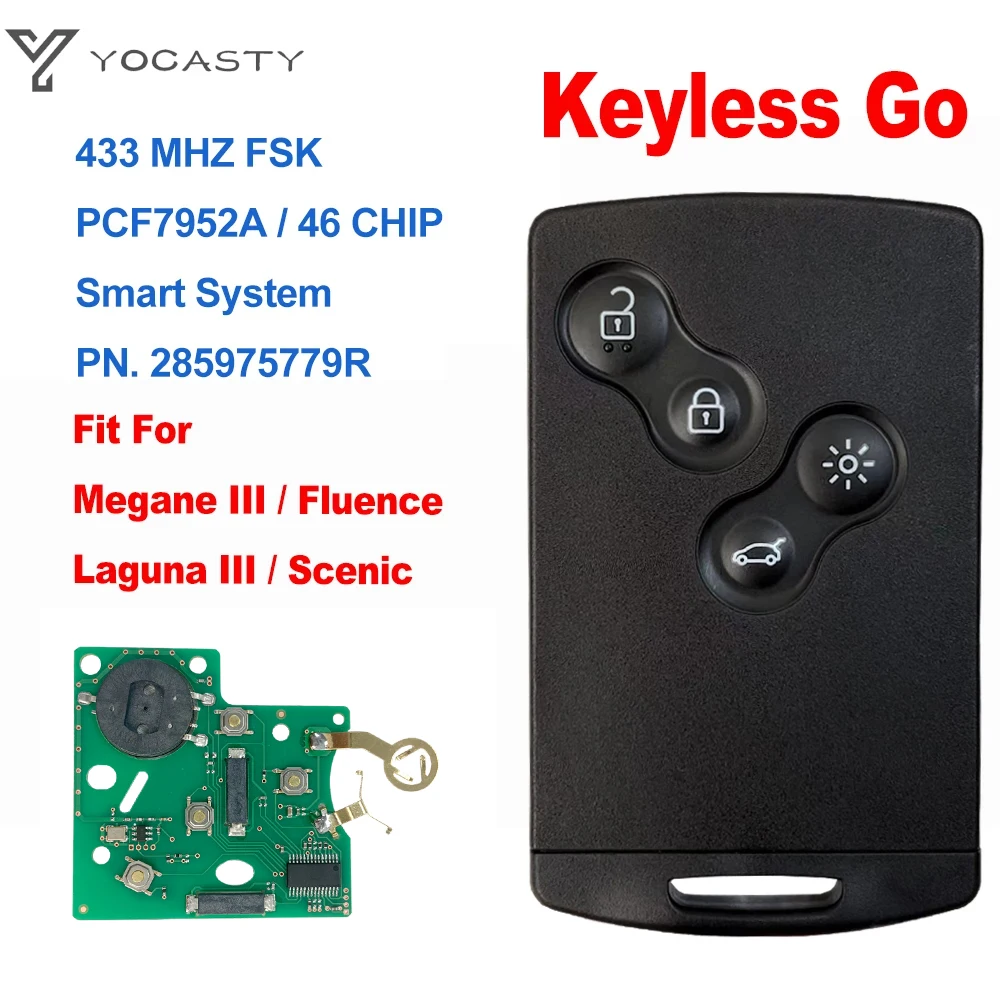 YOCASTY Hands Free Keyless Smart Card Car Key 433MHz PCF7952A For 2009 - 2015 Renault Megane III Fluence Laguna III Scenic 2010