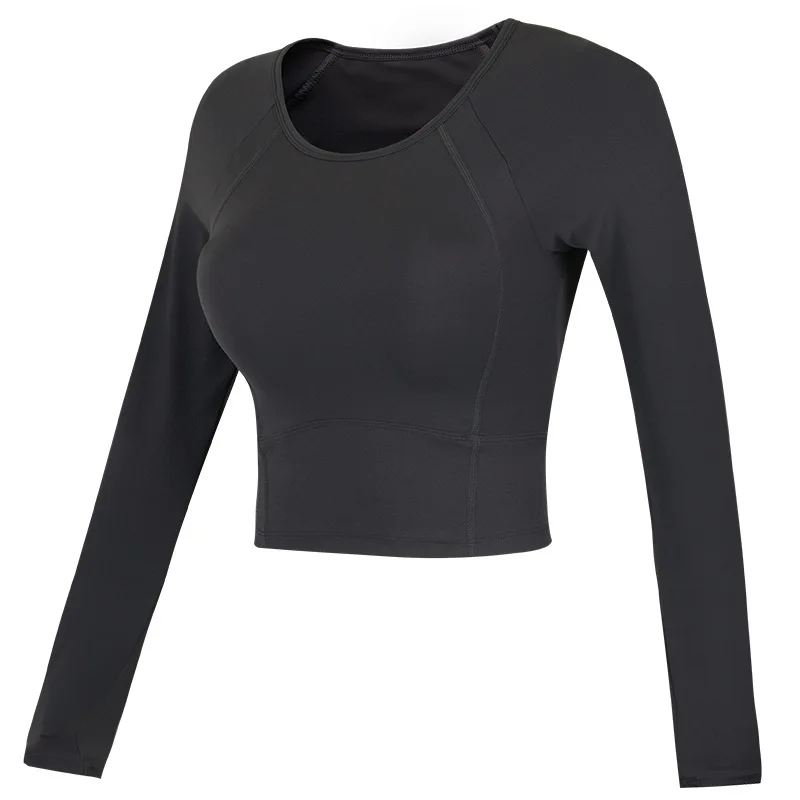 2025 Women's Short Pilates Training Top with Chest Mat Yoga Suit Tight and Slimming Sports Long Sleeve Solid Color Versatile