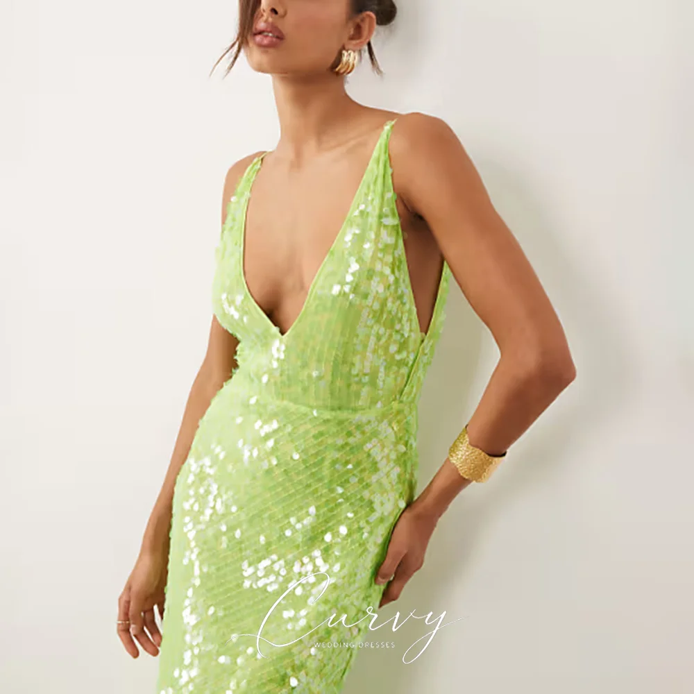 Curvy Elegant Deep V Evening Dresses for Women Spaghetti Straps Sequined Backless Mermaid Formal Party Gown Customized
