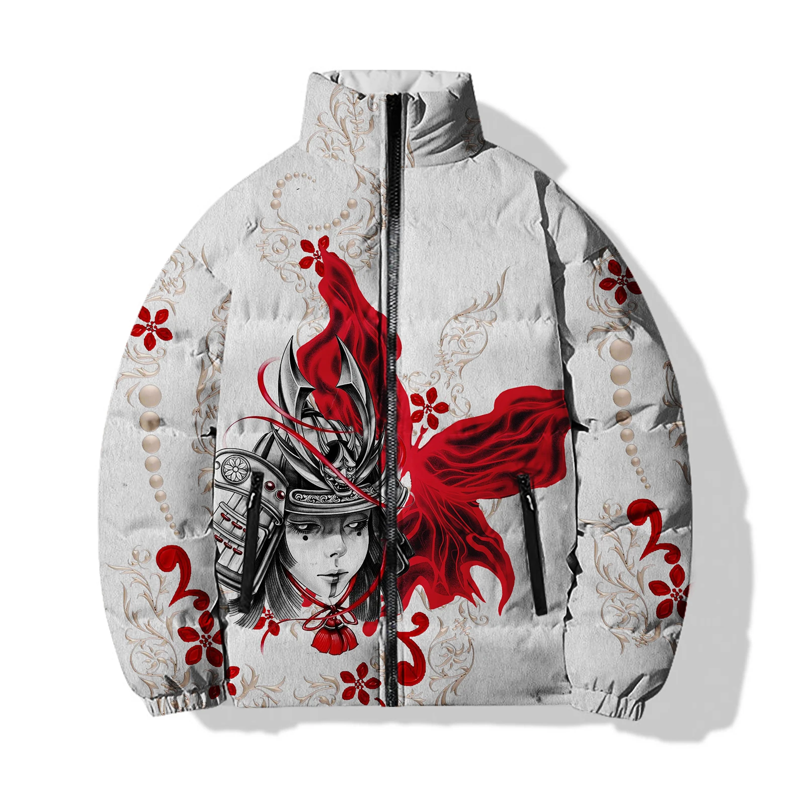 Men\'s Winter Casual Cotton Clothing Japanese Female Samurai Printed Cotton Clothing Coat Harajuku Streetwear Jackets Man Coats