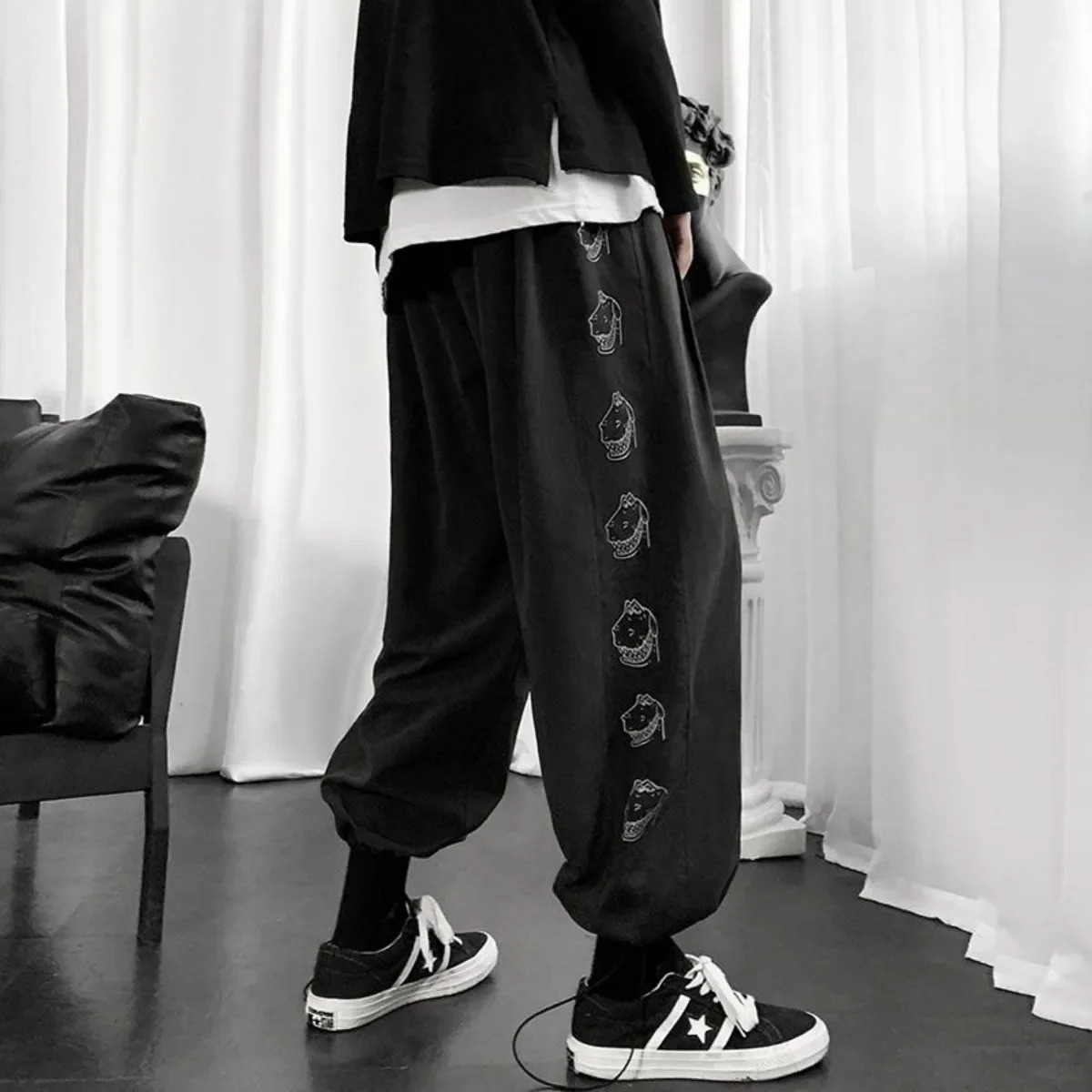 

Hot Men's Summer Casual Drawstring Pants Printed Dinosaur Loose Straight Leg Wide Leg Workwear Pants Men's Fashionable Jogging