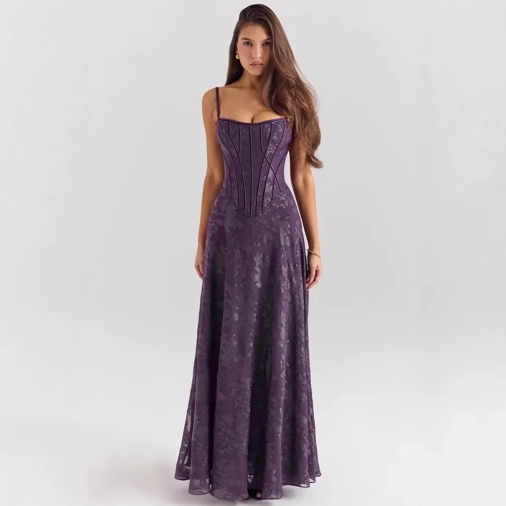 Women New European American Cami Strap Maxi Gown Tulle Floral Lace Applique Formal Prom Long Dress