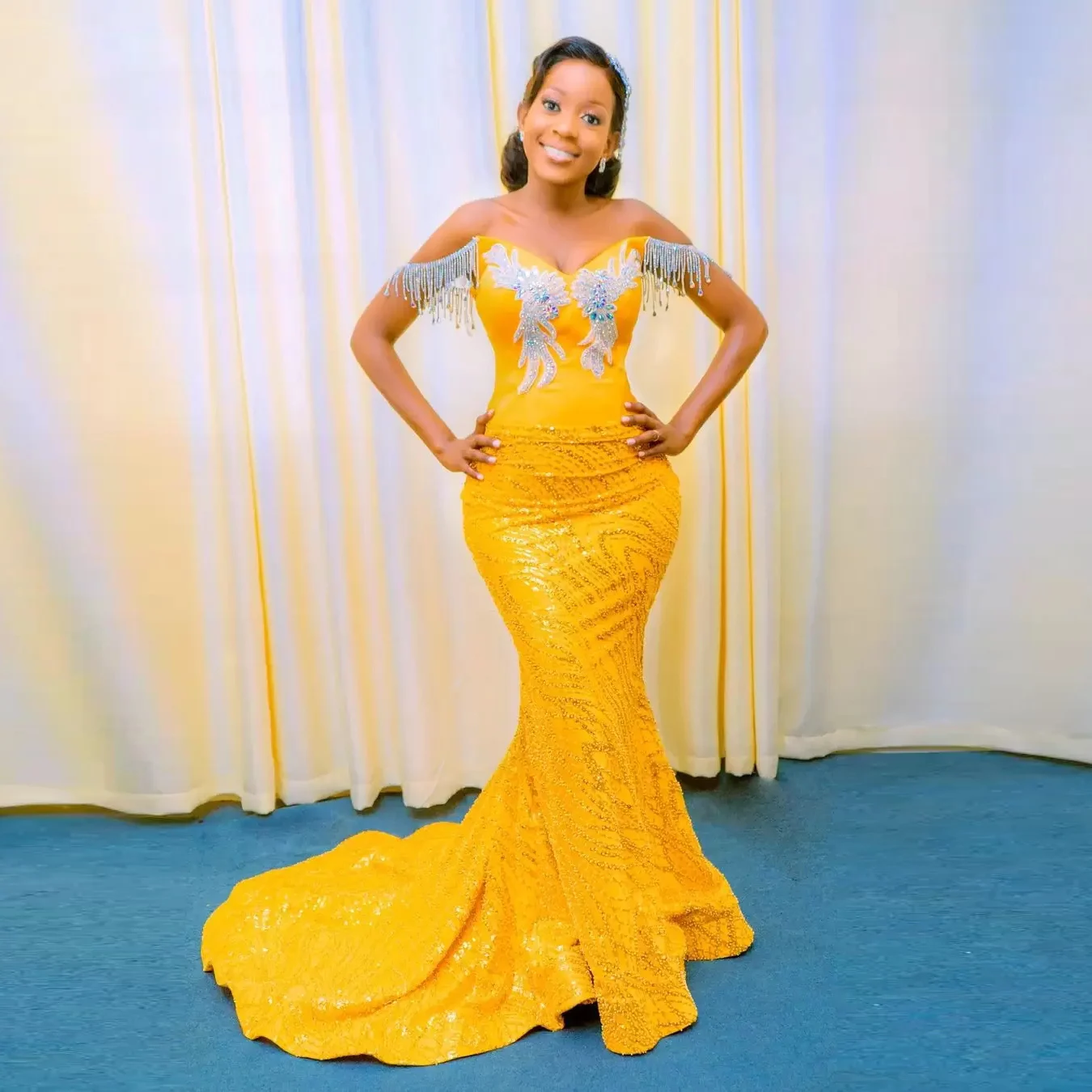 

2025 Pretty Yellow Lace Aso Ebi Style Prom Black Girls Formal Dress Custom Beaded Tassels Applique African Wedding Party Gown