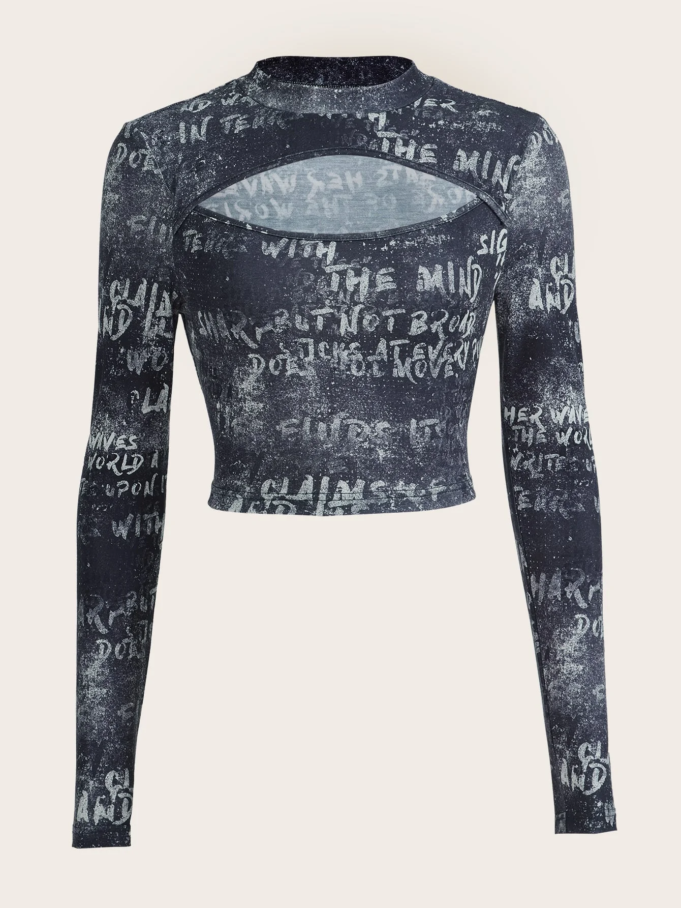 Digital letter print women’s long-sleeved T-shirt with small collar, openwork design, short length, and tight-fitting base layer