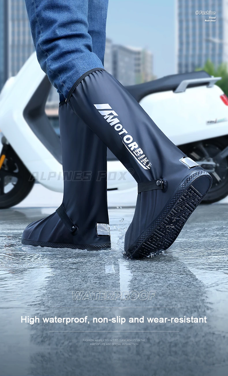 Motorrad-Regenstiefel mit hohem Schlauch, wasserdicht, reflektierend, rutschfest, für Motorrad, Radfahren, Fahrrad, wiederverwendbares Schutzzubehör – Detail 1
