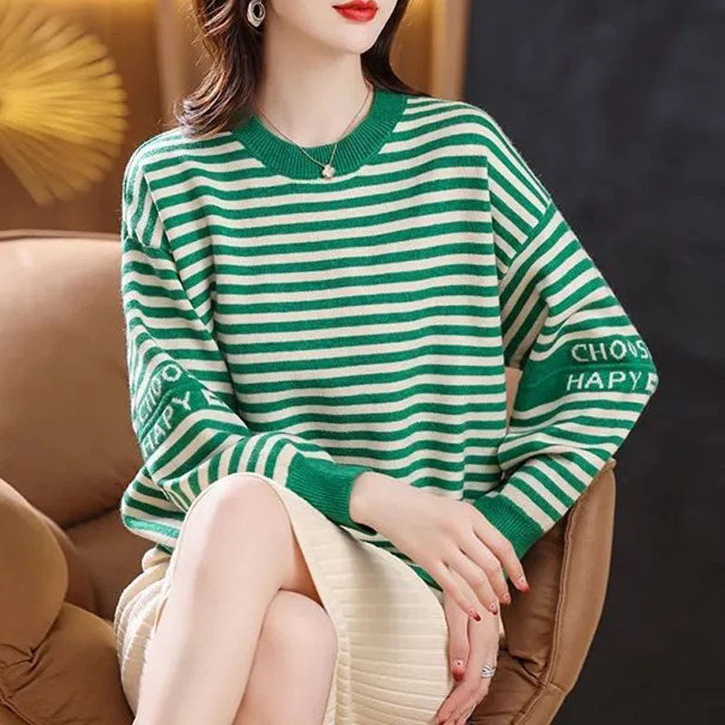 2023 Women Korean Style Striped Letter Chic Elegant Knitted Sweater Female Simple Casual Long Sleeve Pullover Tops Loose Jumpers