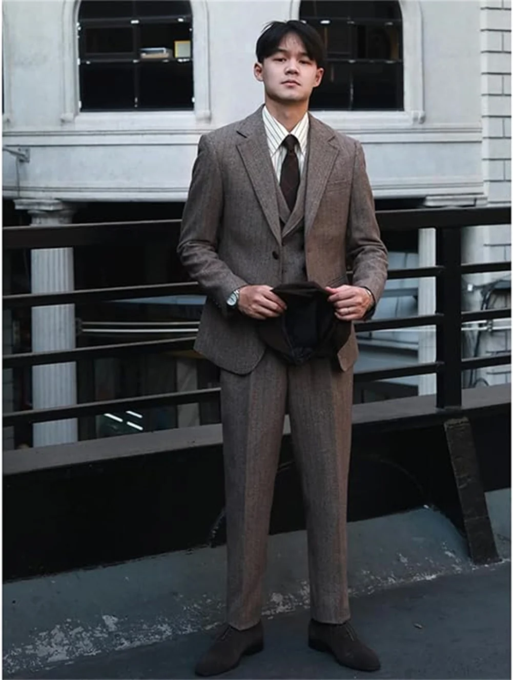 Traje Formal de lana de Tweed para hombre, 3 piezas para boda, traje ajustado, esmoquin para graduación, padrinos de boda, trajes bonitos para novio, invitados Barong