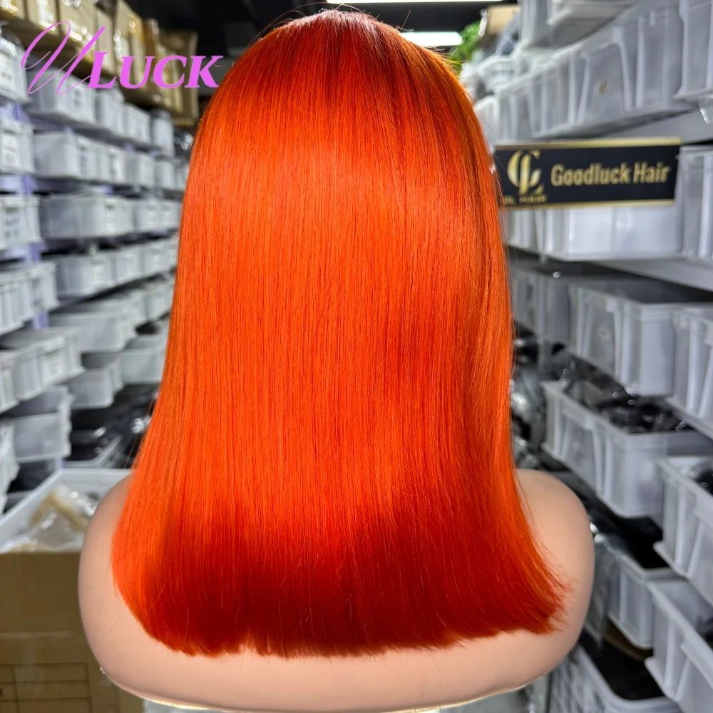 วิกผมบ๊อบสั้นตรงสีส้มขิง ยี่ห้อ Uluck แบบ Double Drawn  พร้อมเชือกผูกด้านหน้าขนาด 13x4  ถอนขนแล้ว  วิกผมแท้ 100%  พร้อมสวมใส่