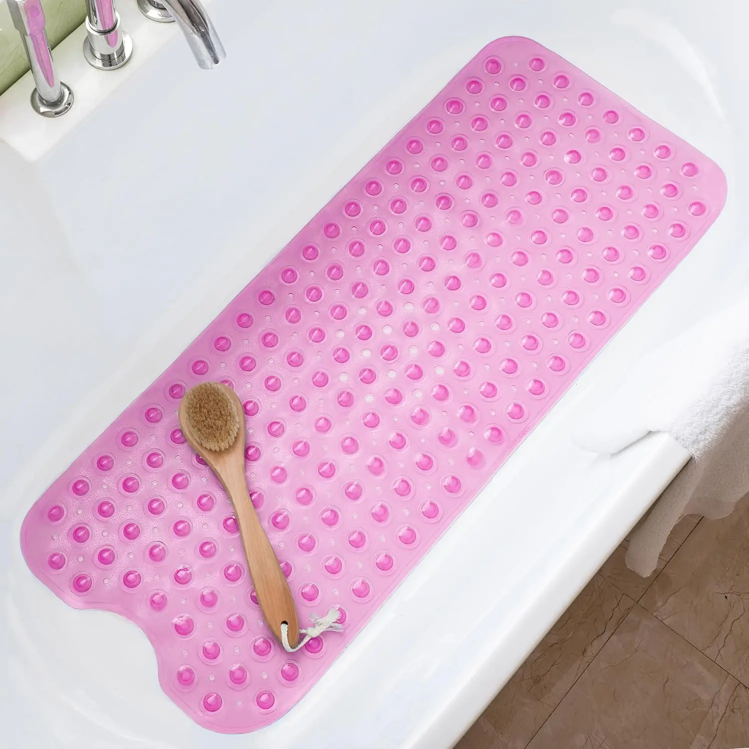 Alfombrilla Antideslizante para Bañera, 39x16 Pulgadas Extra Larga, Lavable a Máquina y Libre de BPA para Niños en Rosa Transparente