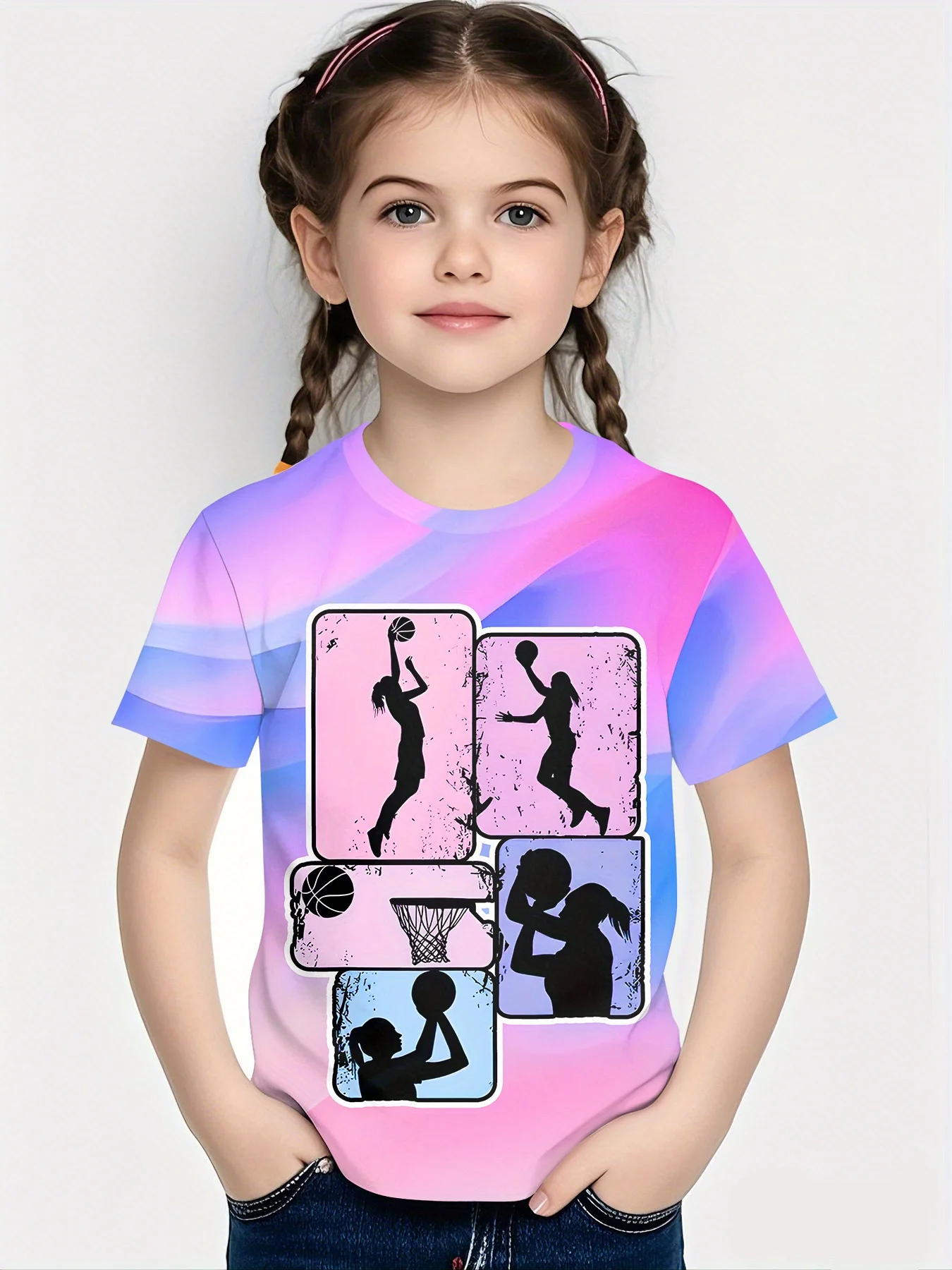 Kids Crew Neck T-Shirt, Gradient All Over Print, Female Basketball Silhouette Girls Fashion Short Sleeve Tee