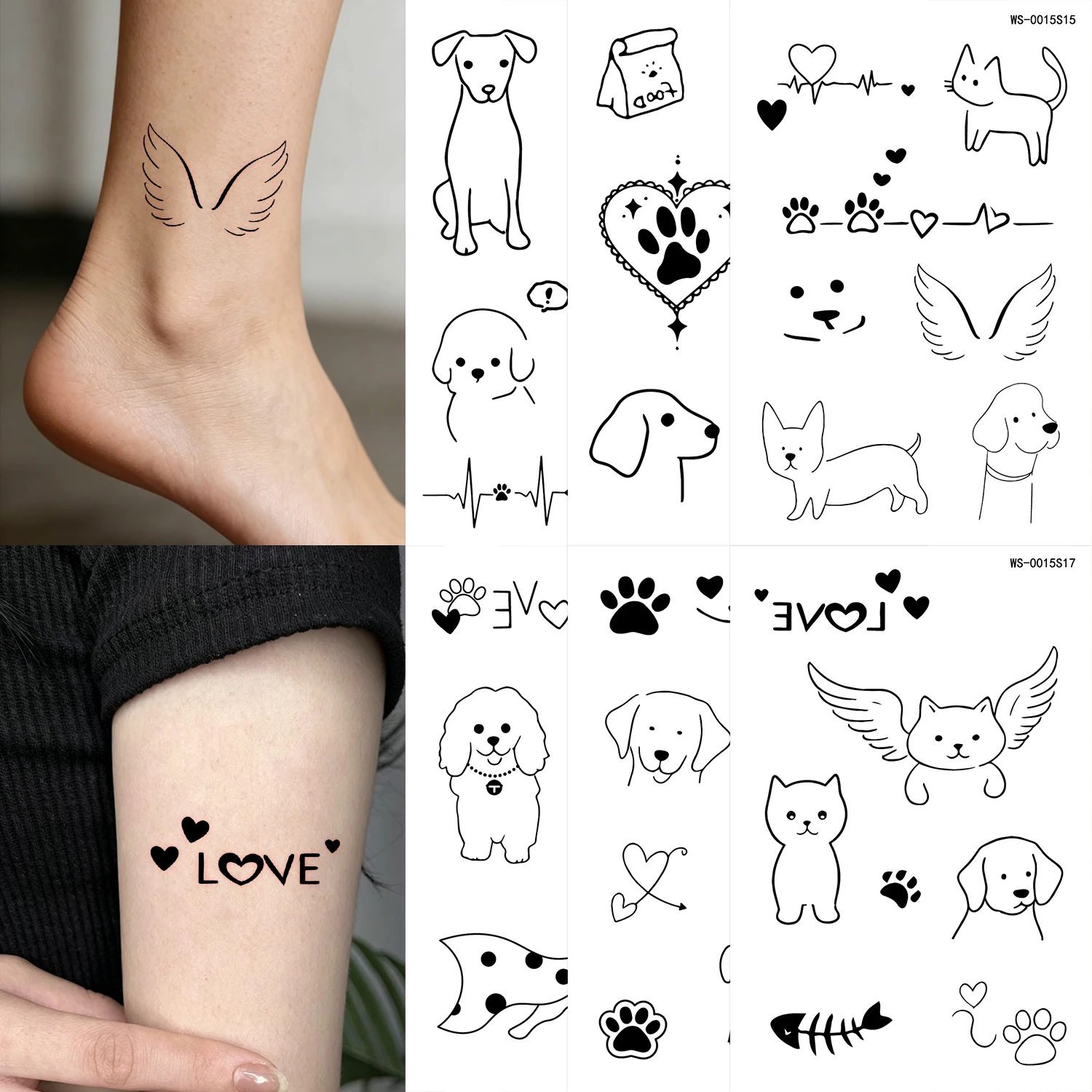 10Pcs Lovely Lines Cat Dog Temporary Tattoo Stickers Kitten Puppy Paw Heart Waterproof Decals for Pet Lover Daily Body Art Decor