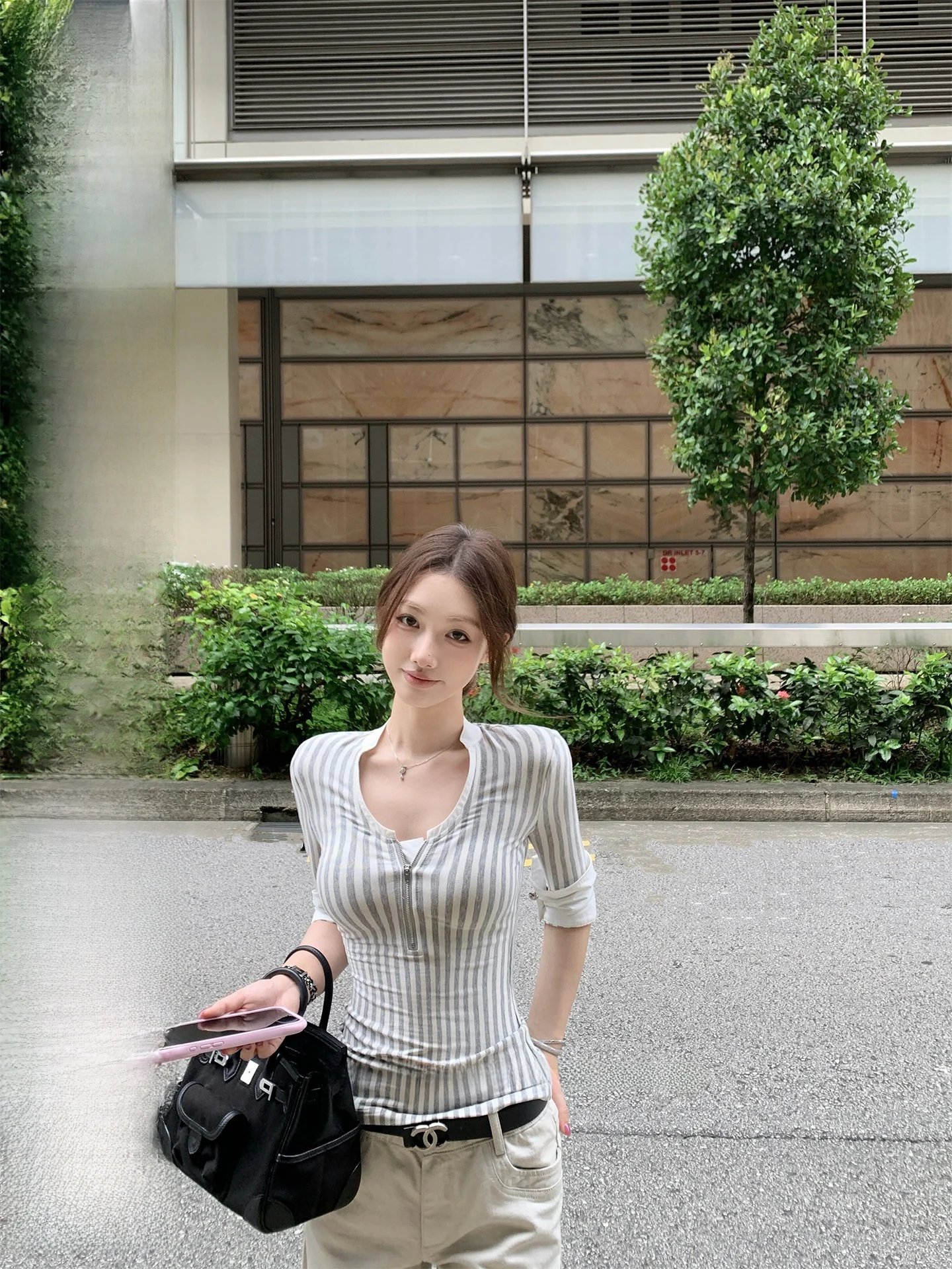 

Slim Fit Striped mid Sve T irt Casual Leisure Women's High nce Sensation Chestnut a Thyme Ladies Top