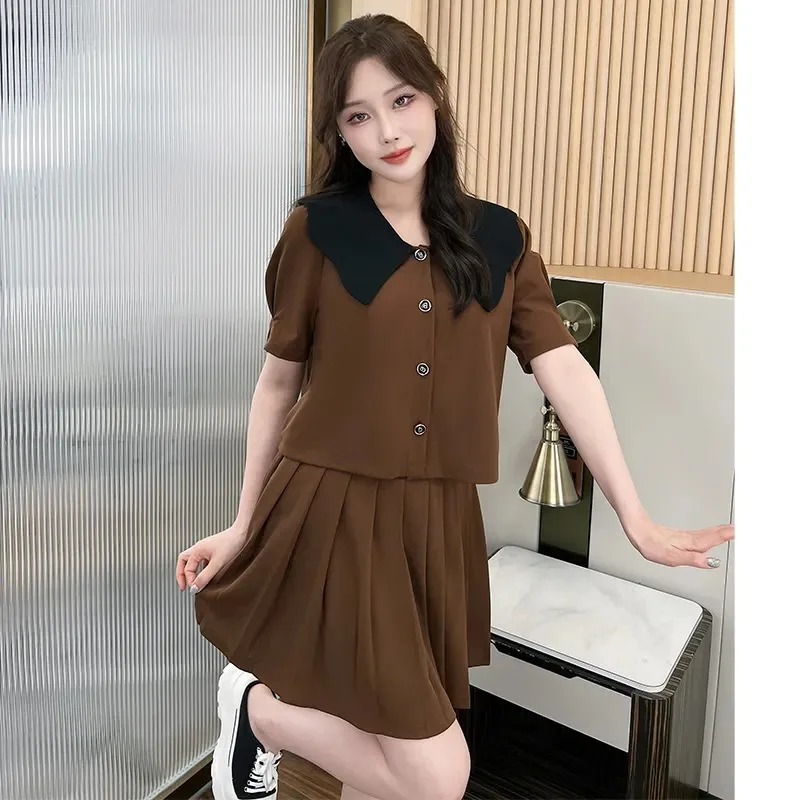

Women's Doll Collar Top Pleated Skirt Set Summer Two-Piece Outfit