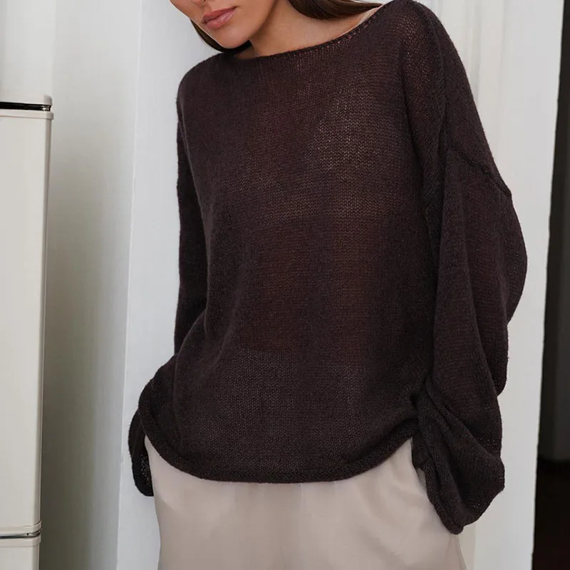 

Fashion See-through Knitted Hollow Out Pullovers 2024 New Spring Thin Sweater Casual Loose Soft O Neck Long Sleeve Sweater Tops