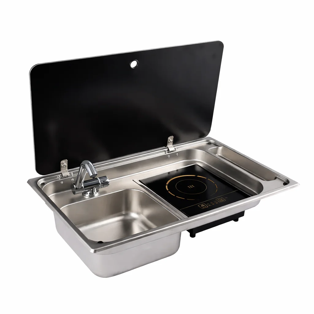 304 Stainless Steel RV Sink with Induction Cooker Tempered Glass  2-in-1 Camper Van Motorhome Kitchen